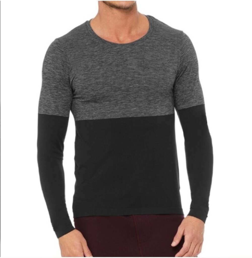Alo Energy Long Sleeve Top Energy Crewneck Shirt Gray Black Med Colorblock Gym